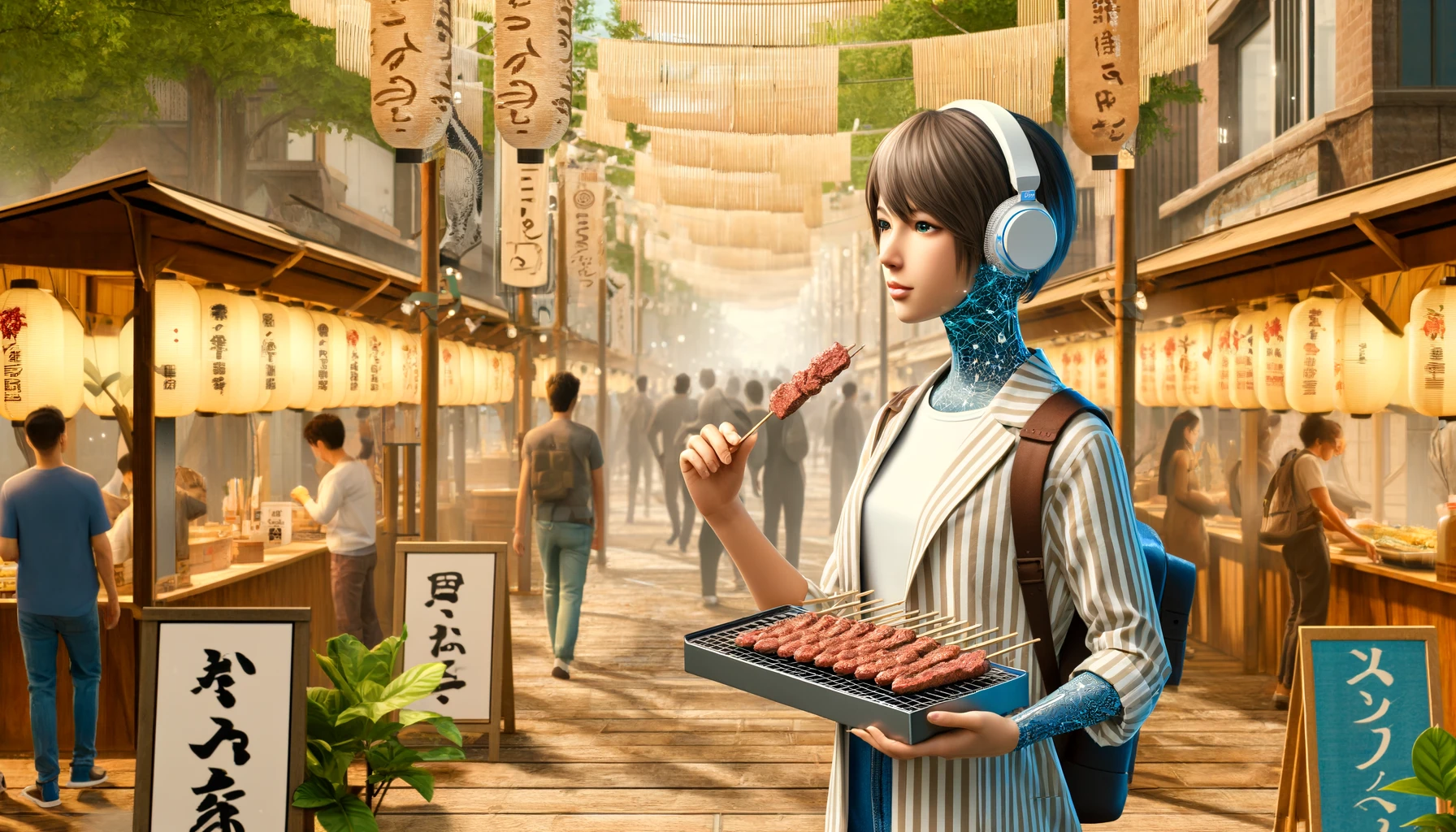 仙台七夕祭り2024で牛タン串を楽しむ現代の日本人。豪華な笹飾りの下で、串に刺さったジューシーな牛タン串を食べ歩きしながら楽しんでいる。周囲には他の屋台グルメやお祭りの雰囲気が感じられる。デジタルでアバンギャルドな雰囲気